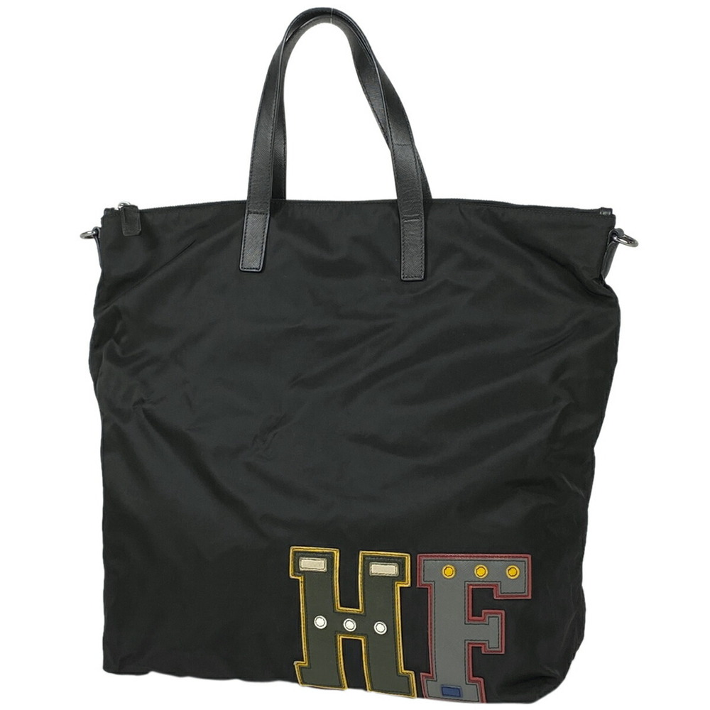 Prada Logo Plate Tote Bag Shoulder Black